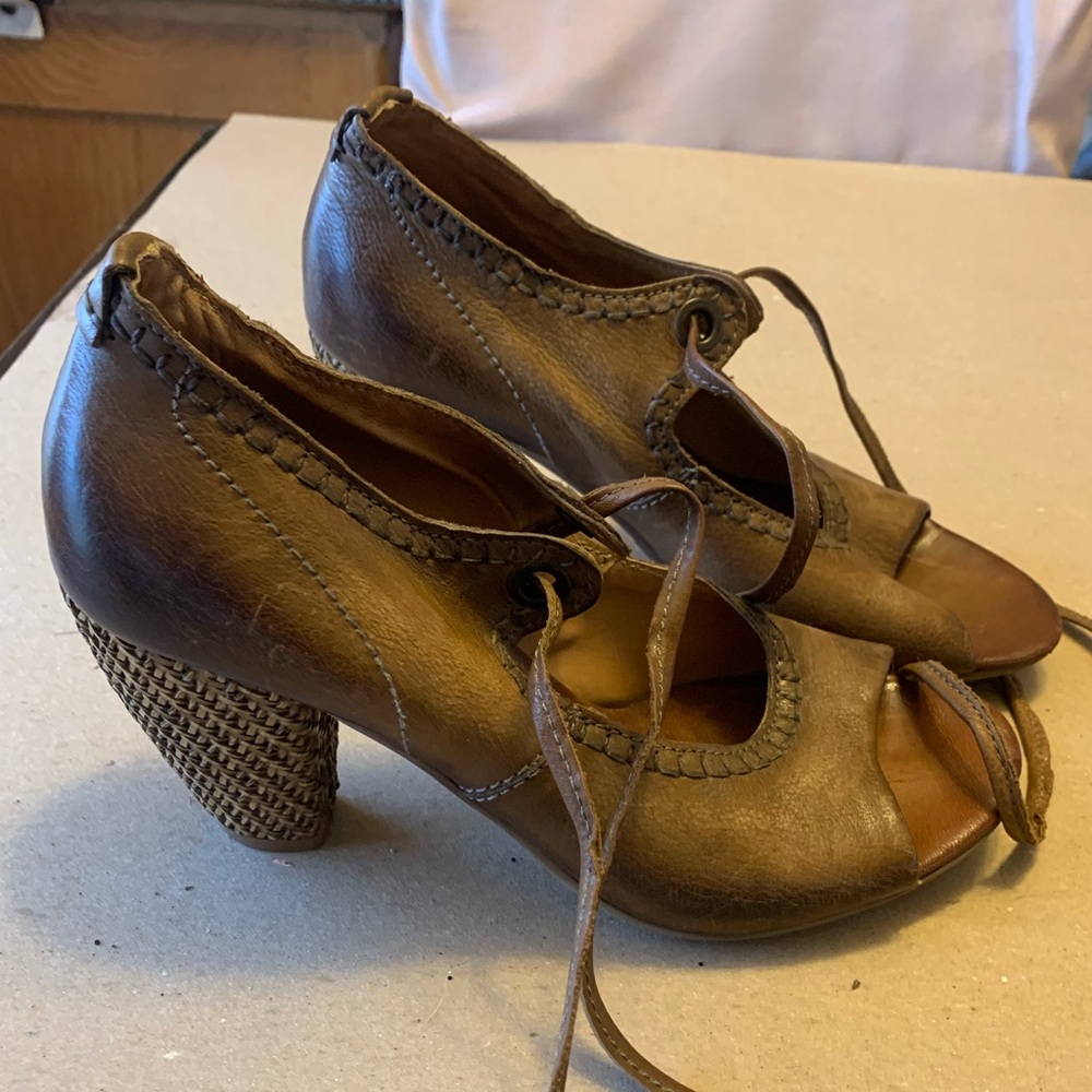 A.S.98 Brown Leather Peep Toe Lace Up Heels with Woven Heel Details Size 39